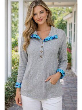 Lilly Pulitzer Small Landley Popover Heathered seaside Blue Collared Sweatshirt